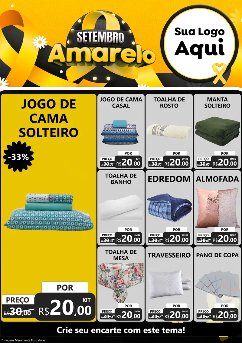 Modelo de Encarte para Encarte A4 Vertical com o tema Setembro Amarelo para Cama, Mesa e Banho