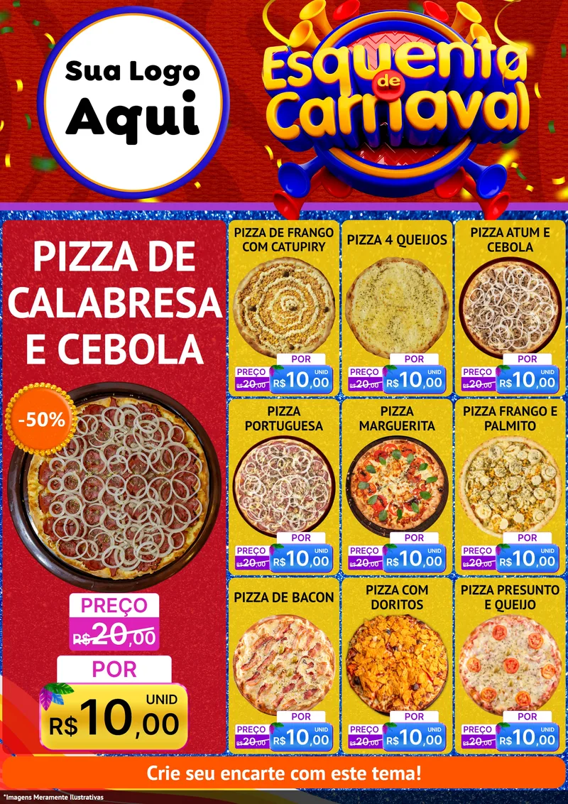 Modelo de Encarte para Encarte A4 Vertical com o tema Esquenta de Carnaval para Pizzaria