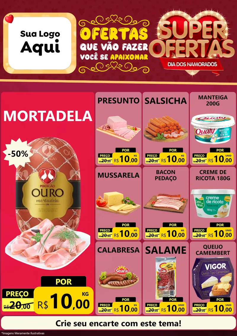 Modelo de Encarte para Encarte A4 Vertical com o tema Dia dos Namorados para Frios e Laticínios