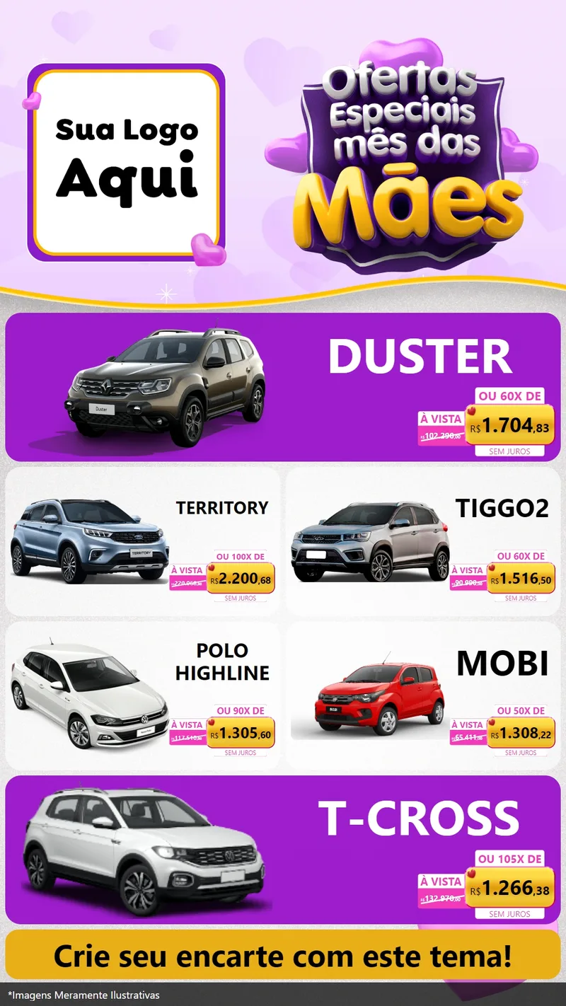 Modelo de TV para TV Vertical com o tema Ofertas Especiais - Mês das Mães para Concessionaria de Carros