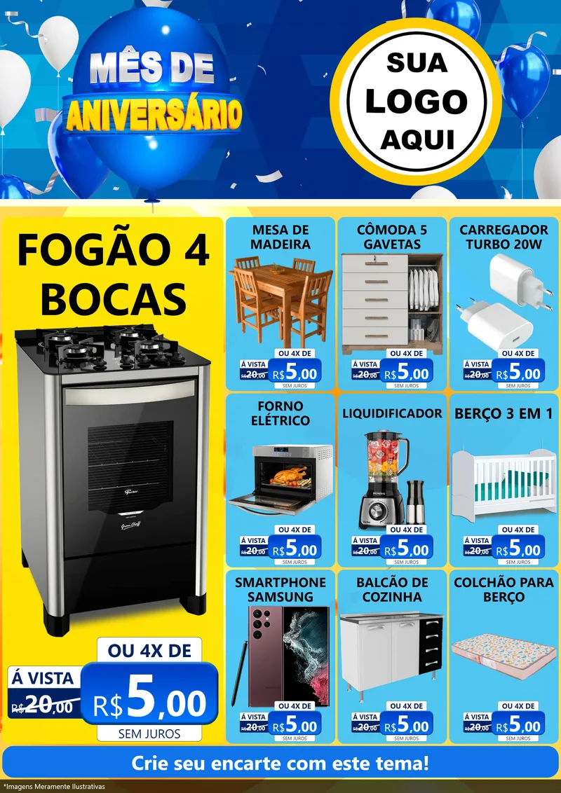 Modelo de Encarte para Encarte A4 Vertical com o tema Mês de Aniversário para Móveis e Eletro
