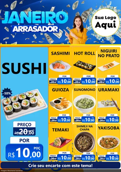 Modelo de Encarte para Encarte A4 Vertical com o tema Janeiro Arrasador para Comida japonesa