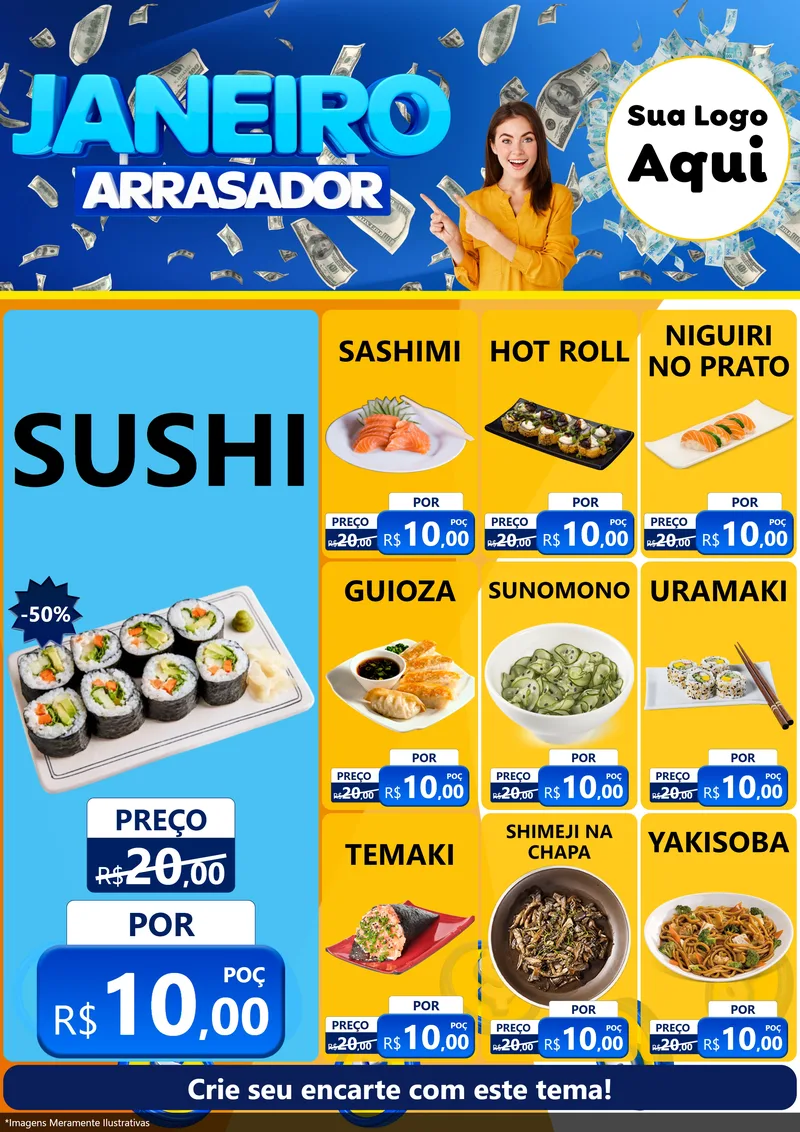 Modelo de Encarte para Encarte A4 Vertical com o tema Janeiro Arrasador para Comida japonesa