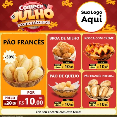 Modelo de Rede Social para Feed Facebook com o tema Comece Julho Economizando para Padaria