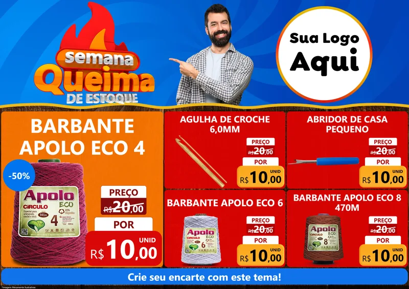 Modelo de Encarte para Encarte A4 Horizontal com o tema Semana Queima de Estoque para Armarinho e Aviamentos
