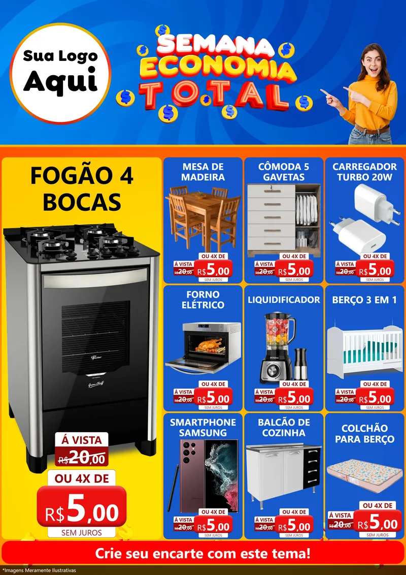 Modelo de Encarte para Encarte A4 Vertical com o tema Semana Economia Total para Móveis e Eletro