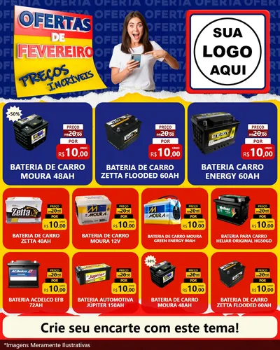 Modelo de Rede Social para Feed Instagram com o tema Ofertas de Fevereiro - Preços Incríveis para Baterias Elétricas