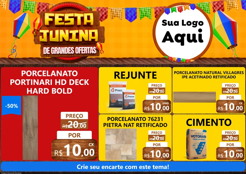 Modelo de Encarte para Encarte A4 Horizontal com o tema Festa Junina de Grandes Ofertas para Pisos e revestimentos