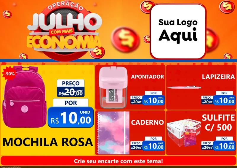 Modelo de Encarte para Encarte A4 Horizontal com o tema Operação Julho Com Mais Economia para Papelaria