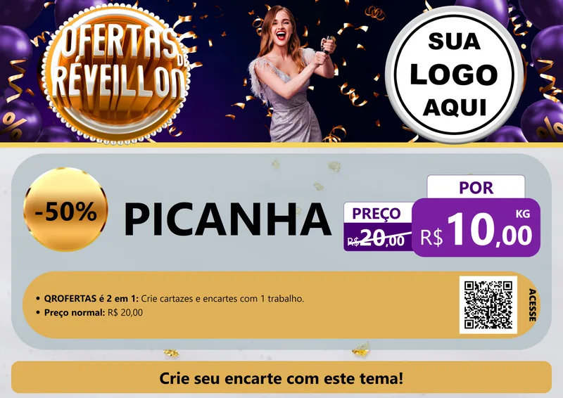 Modelo de Cartaz para Cartaz A4 Horizontal com o tema Ofertas de Réveillon para Açougue