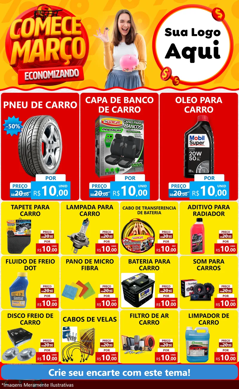 Modelo de Encarte para Encarte Grande com o tema Comece Março Economizando para Auto peças