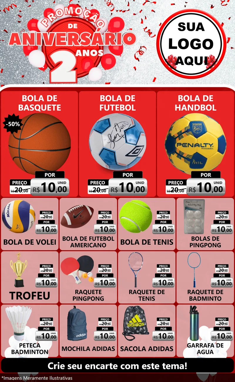 Modelo de Encarte para Encarte Grande com o tema Promoção de Aniversário - 2 Anos para Artigos Esportivos