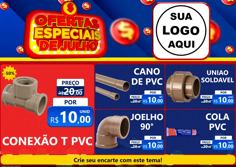 Modelo de Encarte para Encarte A4 Horizontal com o tema Ofertas Especiais de Julho para Tubos e conexões