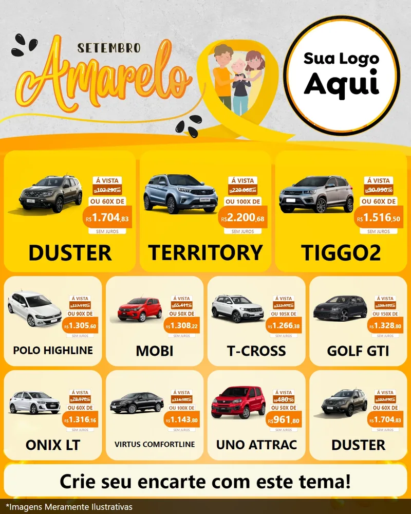 Modelo de Rede Social para Feed Instagram com o tema Setembro Amarelo para Concessionaria de Carros