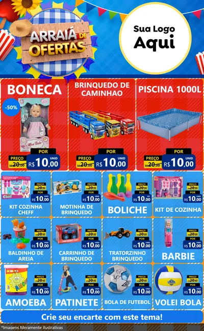 Modelo de Encarte para Encarte Grande com o tema Arraiá de Ofertas para Brinquedos