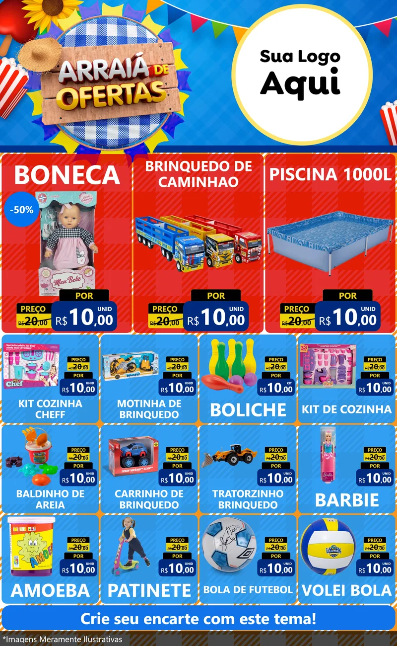 Modelo de Encarte para Encarte Grande com o tema Arraiá de Ofertas para Brinquedos