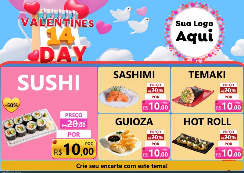 Modelo de Encarte para Encarte A4 Horizontal com o tema Valentine's Day para Comida japonesa