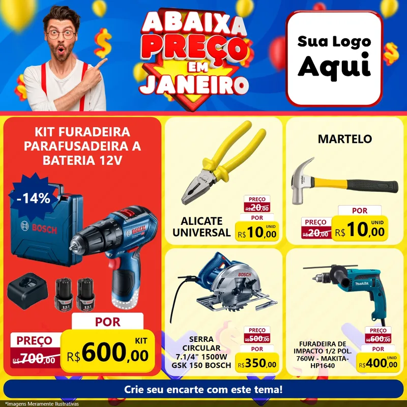 Modelo de Rede Social para Feed Facebook com o tema Abaixa Preço em Janeiro para Maquinas e Ferramentas
