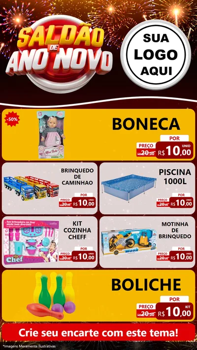 Modelo de TV para TV Vertical com o tema Saldão de Ano Novo para Brinquedos