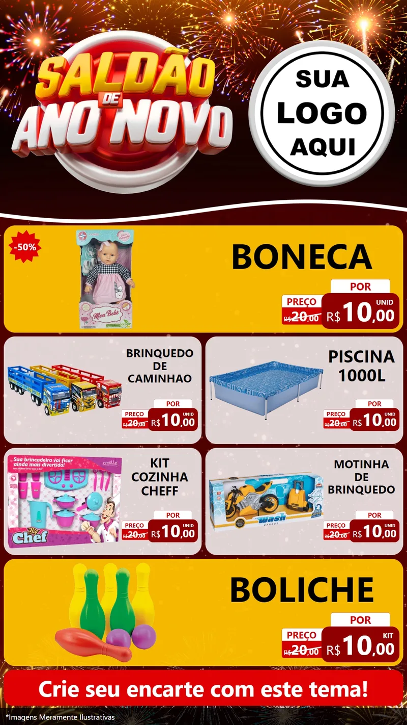 Modelo de TV para TV Vertical com o tema Saldão de Ano Novo para Brinquedos