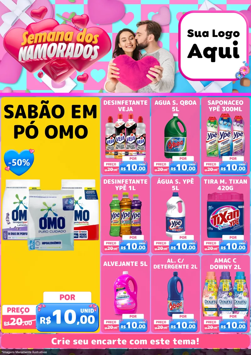 Modelo de Encarte para Encarte A4 Vertical com o tema Semana dos Namorados para Produtos de Limpeza