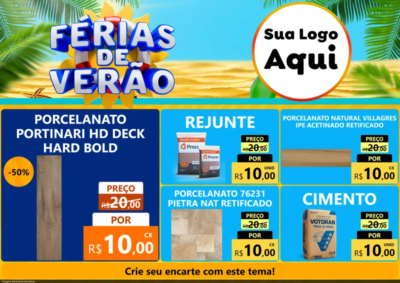 Modelo de Encarte para Encarte A4 Horizontal com o tema Férias de Verão para Pisos e revestimentos