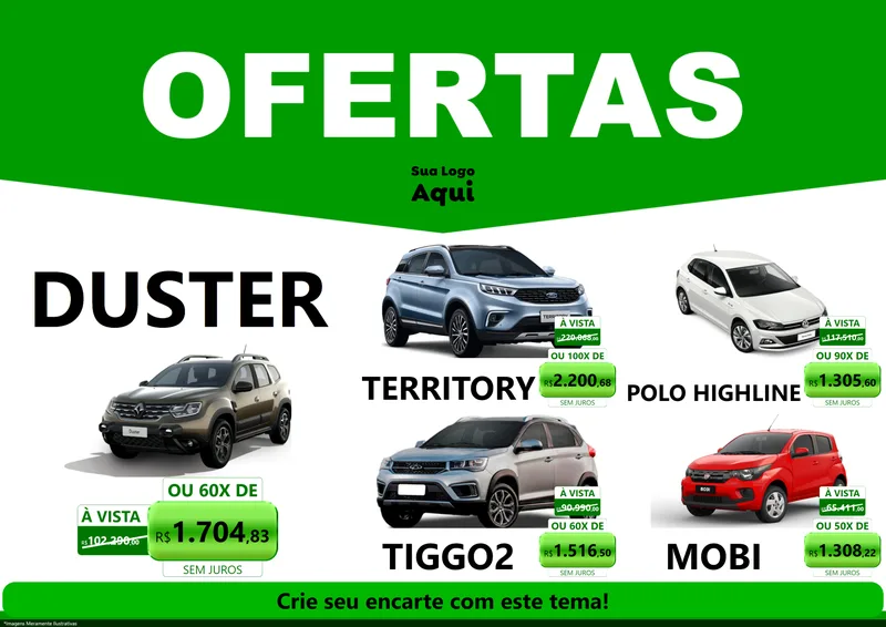 Modelo de Encarte para Encarte A4 Horizontal com o tema Ofertas Verde Cartaz para Concessionaria de Carros