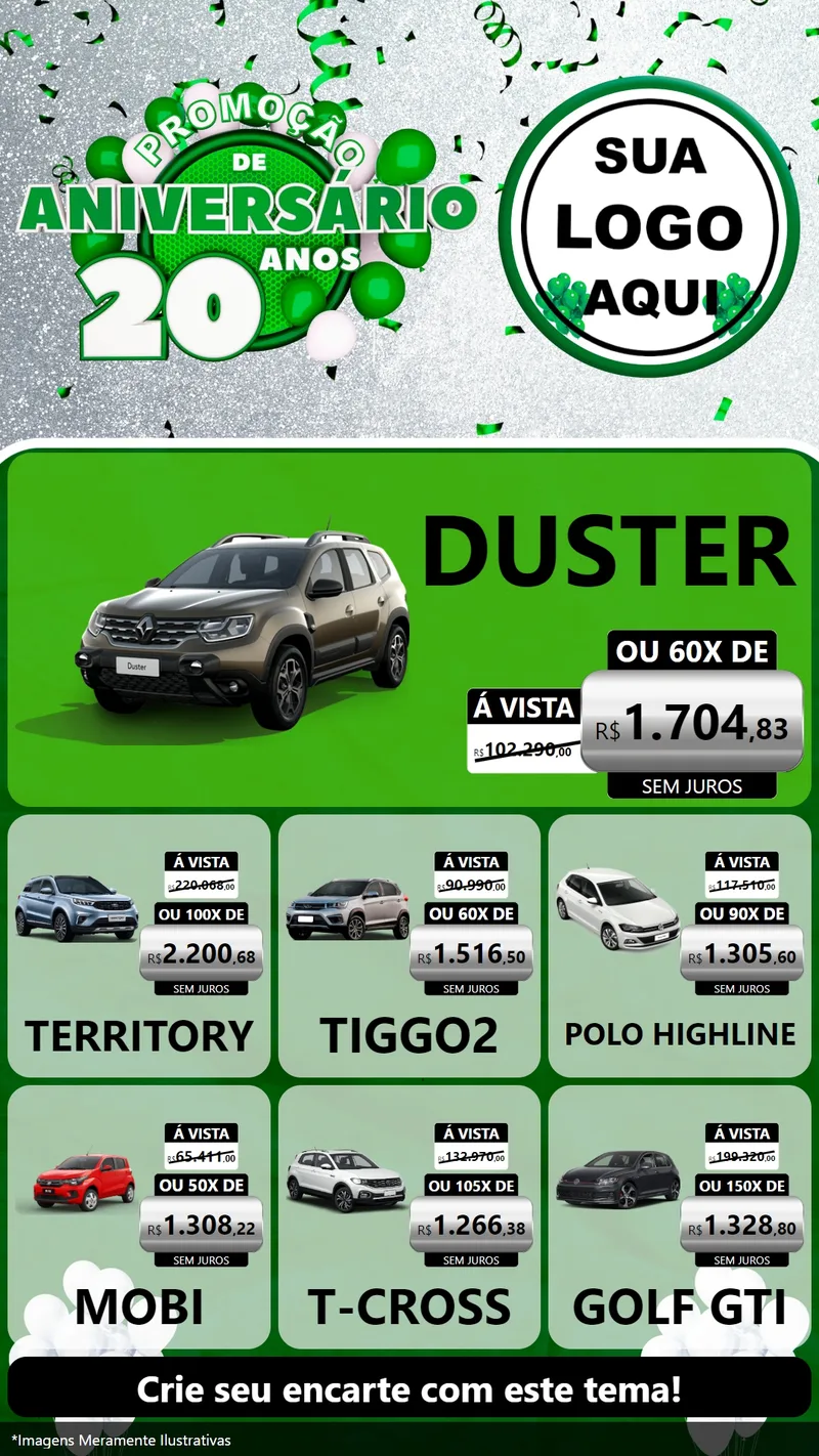 Modelo de Rede Social para Stories com o tema Promoção de Aniversário - 20 Anos para Concessionaria de Carros