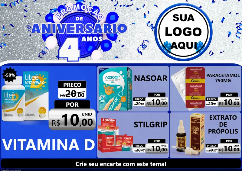 Modelo de Encarte para Encarte A4 Horizontal com o tema Promoção de Aniversário - 4 Anos para Farmácia