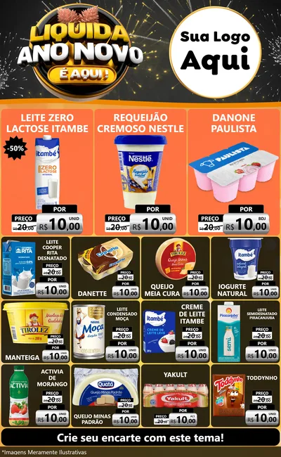 Modelo de Encarte para Encarte Grande com o tema Liquida Ano Novo É Aqui! para Frios e Laticínios