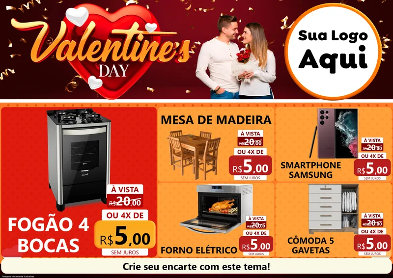 Modelo de Encarte para Encarte A4 Horizontal com o tema Valentine's Day para Móveis e Eletro