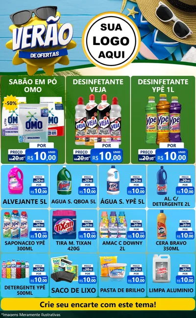 Modelo de Encarte para Encarte Grande com o tema Verão de Ofertas para Produtos de Limpeza