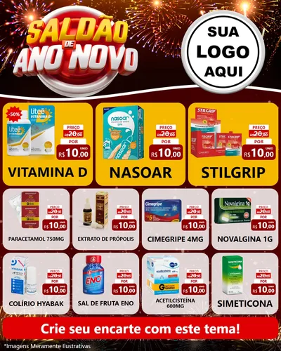 Modelo de Rede Social para Feed Instagram com o tema Saldão de Ano Novo para Farmácia