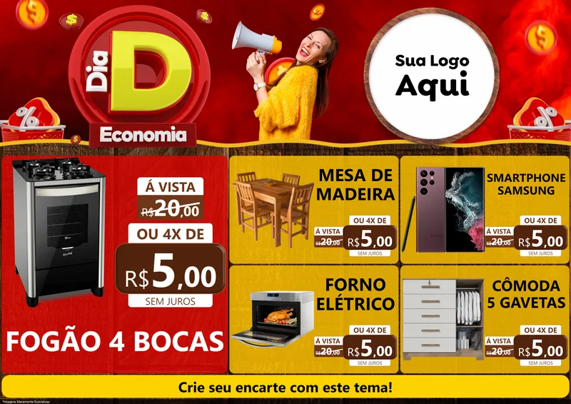 Modelo de Encarte para Encarte A4 Horizontal com o tema Dia D Economia para Móveis e Eletro