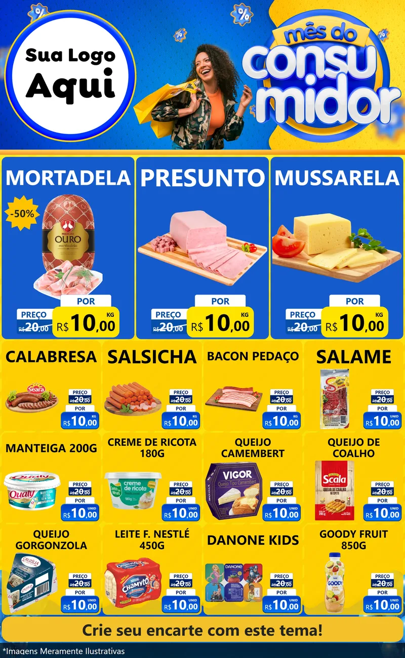 Modelo de Encarte para Encarte Grande com o tema Mês do Consumidor para Frios e Laticínios