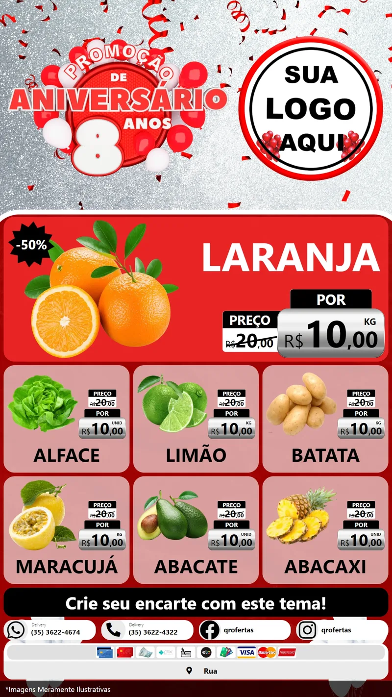 Modelo de Rede Social para Stories com o tema Promoção de Aniversário - 8 Anos para Hortifrúti