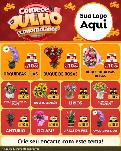 Modelo de Rede Social para Feed Instagram com o tema Comece Julho Economizando para Floricultura e jardim