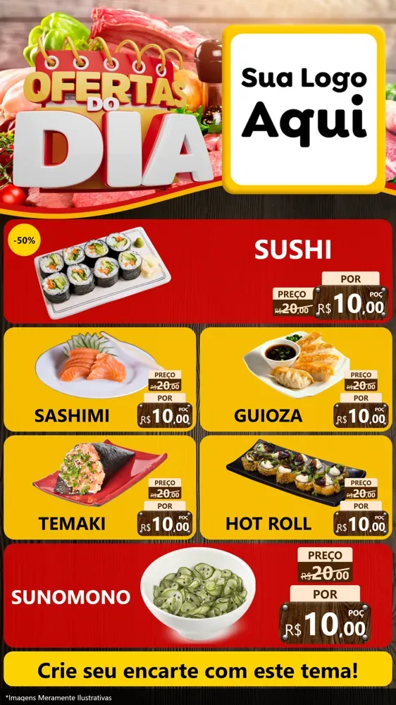 Modelo de TV para TV Vertical com o tema Ofertas do Dia para Comida japonesa