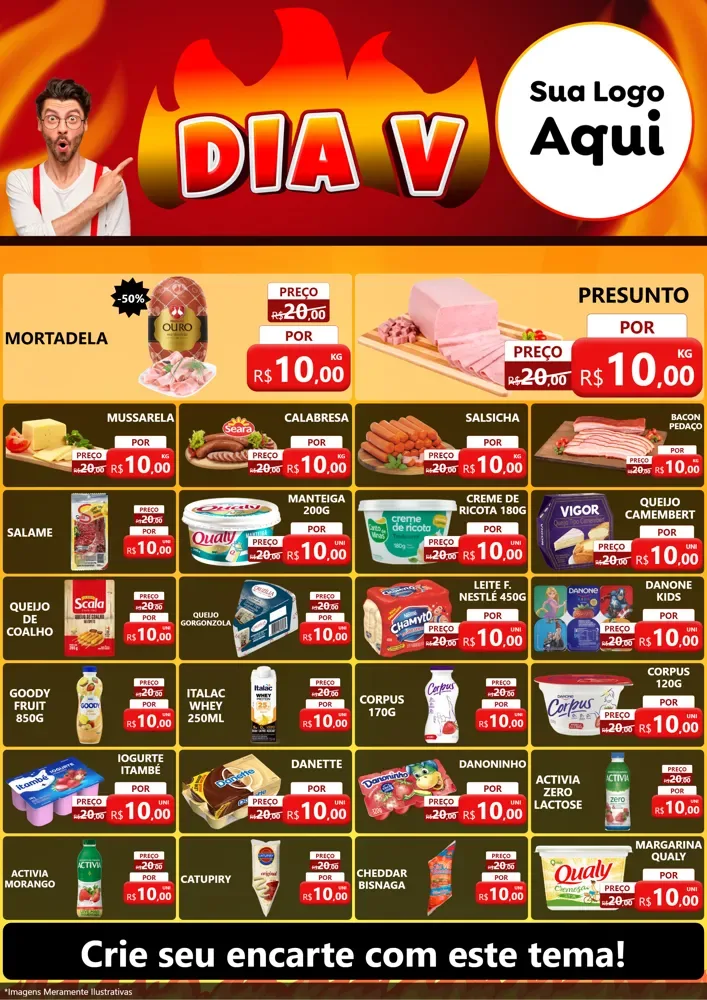Modelo de Encarte para Encarte A4 Vertical com o tema Dia V para Frios e Laticínios