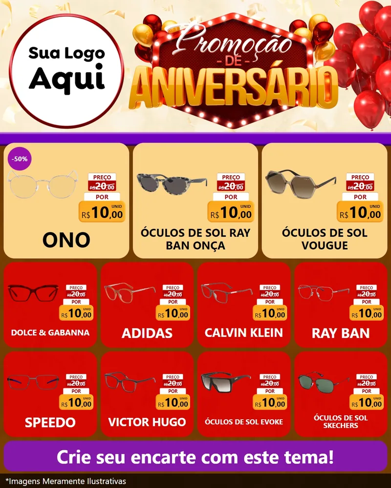Modelo de Rede Social para Feed Instagram com o tema Promoção de Aniversário para Óticas