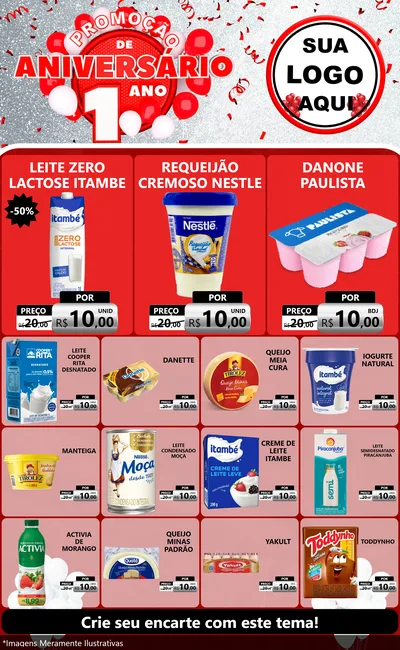 Modelo de Encarte para Encarte Grande com o tema Promoção de Aniversário - 1 Ano para Frios e Laticínios