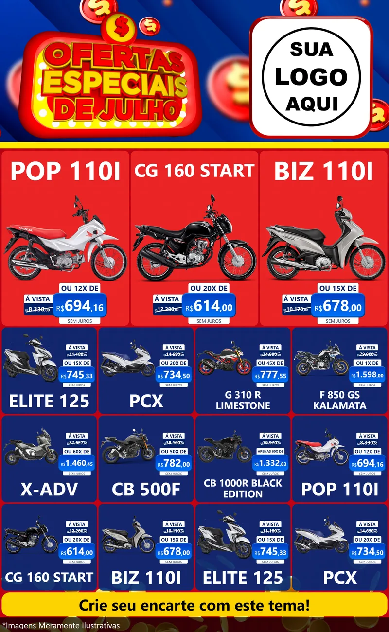 Modelo de Encarte para Encarte Grande com o tema Ofertas Especiais de Julho para Concessionaria de Motos