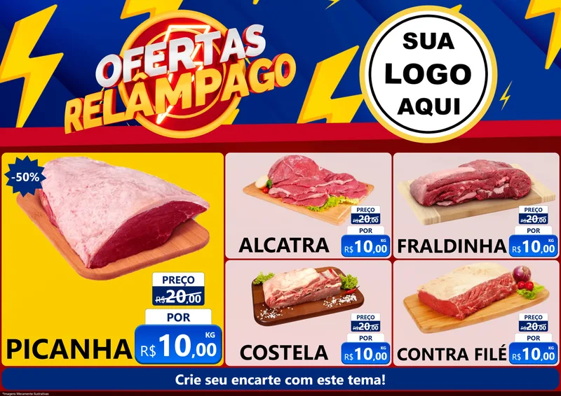 Modelo de Encarte para Encarte A4 Horizontal com o tema Ofertas Relâmpago para Açougue
