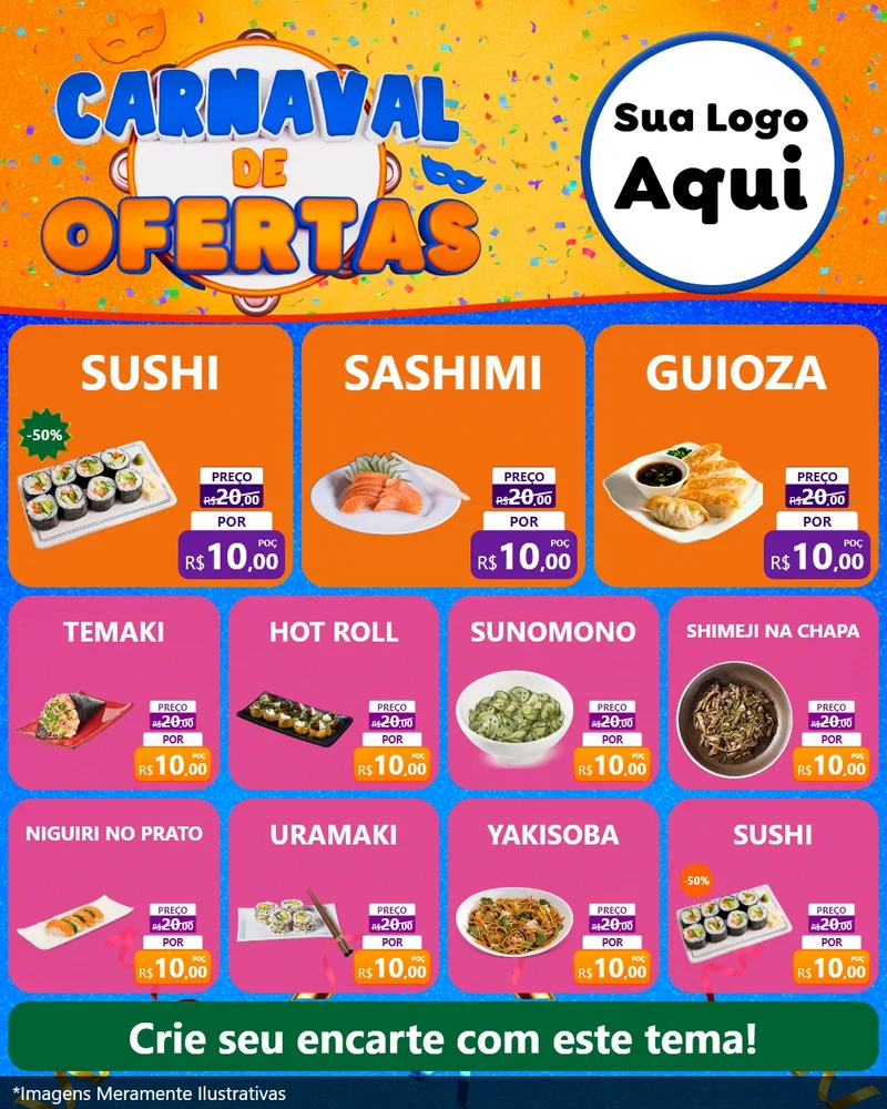 Modelo de Rede Social para Feed Instagram com o tema Carnaval de Ofertas para Comida japonesa
