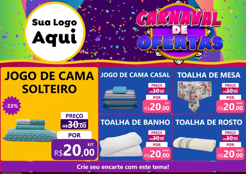 Modelo de Encarte para Encarte A4 Horizontal com o tema Carnaval de Ofertas para Cama, Mesa e Banho