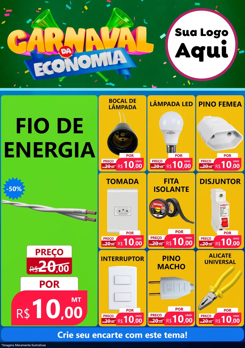 Modelo de Encarte para Encarte A4 Vertical com o tema Carnaval da Economia para Materiais Elétricos