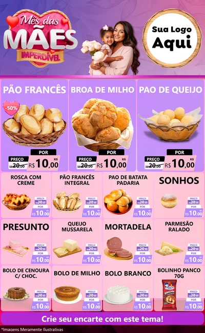Modelo de Encarte para Encarte Grande com o tema Mês das Mães Imperdível para Padaria