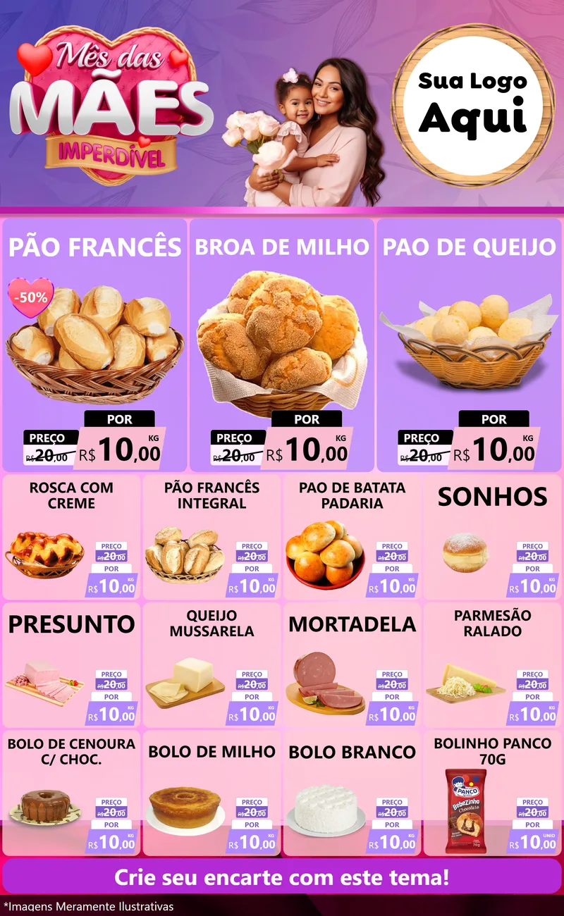 Modelo de Encarte para Encarte Grande com o tema Mês das Mães Imperdível para Padaria