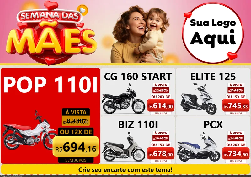 Modelo de Encarte para Encarte A4 Horizontal com o tema Semana das Mães para Concessionaria de Motos
