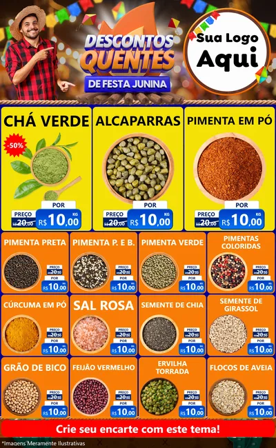 Modelo de Encarte para Encarte Grande com o tema Descontos Quentes de Festa Junina para Produtos Naturais